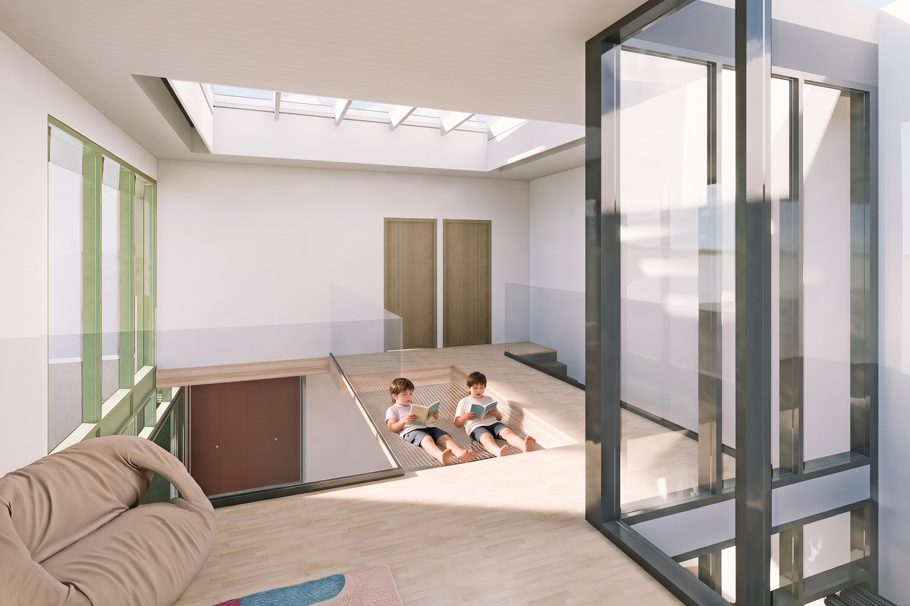 Le filet de la mezzanine au-dessus du salon